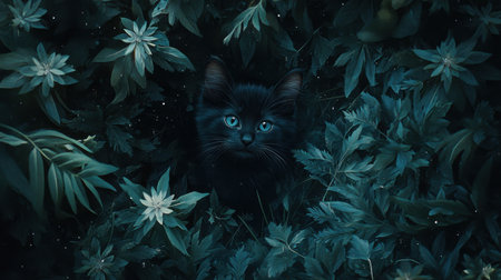 Starry night scene with a black kitten in lush grass, taken from above, creating a magical and serene moment.の素材