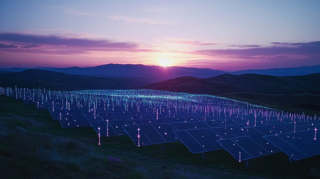 Sunset illuminates a landscape of solar panels with digital data overlays, showcasing energy analytics and innovationの素材