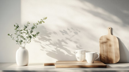 Stylish kitchen with a wooden chopping board, pristine white cups, and a vase adding a fresh touch to the minimalist design.の素材