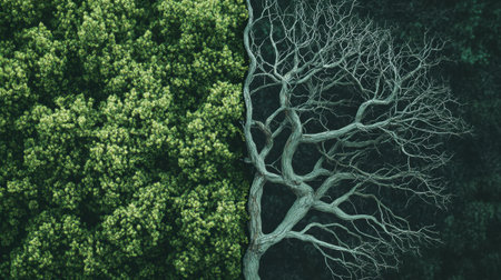 A striking visual representation showcasing the contrast between vibrant green foliage and a lifeless, bare tree, highlighting the cycle of life and death in nature.の素材