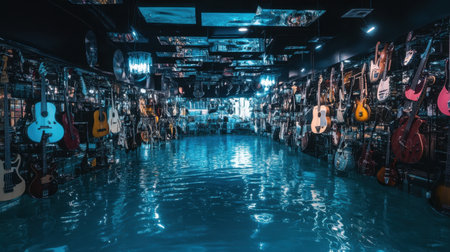 A fascinating scene of a flooded music store with an array of guitars and instruments partially submerged in water, showcasing a surreal and artistic ambiance.の素材