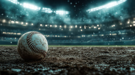 White baseball, scuffed from use, lies under glowing stadium lights on a dirt field during a nighttime game.の素材