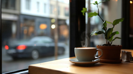 Wooden coffee shop table with cups of steaming coffee and a window view of the bustling urban corner, perfect for unwindingの素材