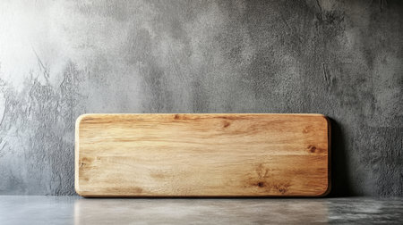 Wooden cutting board with natural grain texture, placed against a clean kitchen backdrop, ideal for food photography mockups.の素材