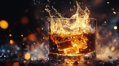 Whiskey splash frozen in mid-air with fiery flames illuminating the dark, textured surface below.の素材