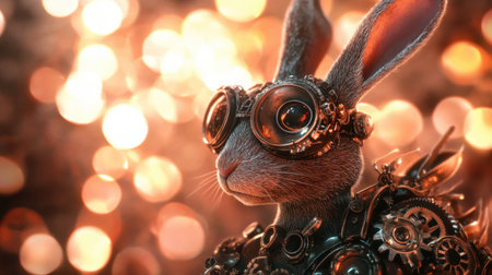 Steampunk-style robotic rabbit with intricate gears and aviator goggles, set against a glowing bokeh background.の素材