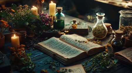 Warm lighting bathes a wooden table featuring ancient scripts and herbal remedies, offering a glimpse into historical medicinal practicesの素材