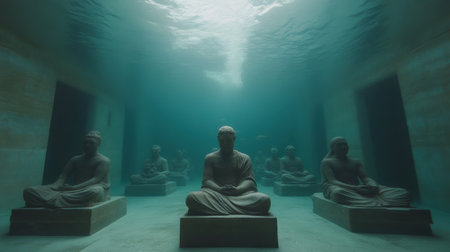 This captivating underwater scene features a collection of serene statues depicting meditating figures, evoking tranquility and mystique. The play of light enhances the peaceful atmosphere.の素材