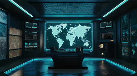 High-tech control room featuring a glowing world map and multiple screens displaying crucial data. The modern design promotes efficiency and connectivity.の素材
