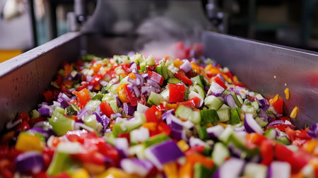 An industrial machine processes colorful vegetables, blending automation with the natural vibrancy of fresh produce for healthy eating solutionsの素材
