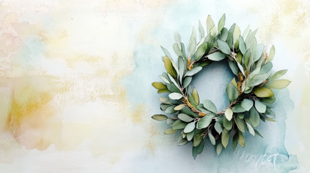 Delicate wreath with soft watercolor textures featuring mistletoe and shimmering gold highlights, creating a festive charmの素材