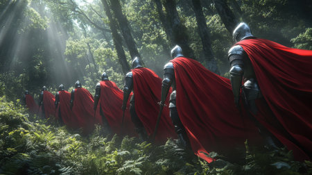 Group of medieval knights in gleaming armor marching through a misty forest, red cloaks flowing dramatically behind themの素材