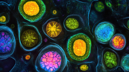 Vivid microscopic imagery showcasing intricate cellular structures illuminated in various colors, revealing the beauty of life at a microscopic level.の素材