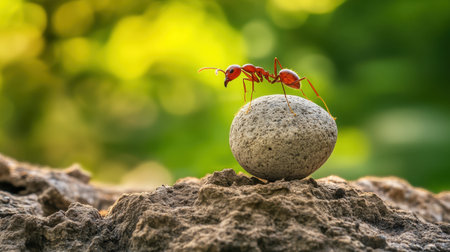 Close-up of an ant on a dirt mound, its efforts to push a stone symbolizing hard work and perseverance in natureの素材