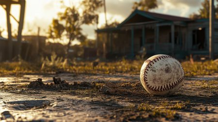 A solitary baseball lies on the weathered ground, capturing the essence of childhood play during a serene sunset, evoking nostalgia and warmth in a tranquil setting.の素材