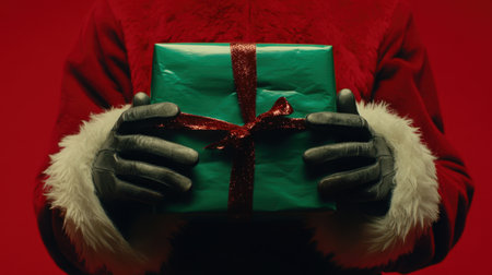 A cheerful Santa Claus holds a beautifully wrapped green gift with a red ribbon against a vibrant red background, capturing the magic of the holiday season.の素材