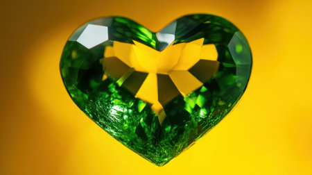 A stunning heart-shaped green gemstone glimmers against a vibrant yellow background. Its intricate cut and clarity create a visually captivating design, perfect for jewelry or decoration.の素材