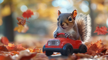 Close-up of a squirrel in a toy car, colorful autumn leaves swirling around, capturing a sense of wonder and playfulnessの素材