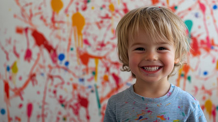 A joyful young child with a beaming smile stands in front of a colorful paint-splattered wall, embodying happiness and creativity in a playful setting.の素材