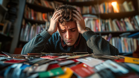 A young man experiences deep financial stress as he sits at a table cluttered with credit cards, showcasing his feelings of anxiety and frustration.の素材