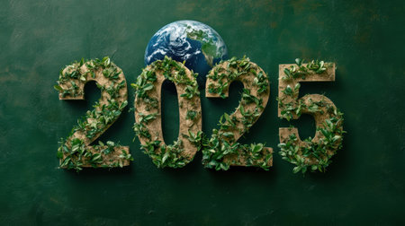 A creative representation for the year 2025 with green foliage integrated into numbers, symbolizing sustainability and a harmonious future for our planet.の素材