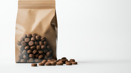 A brown paper bag filled with kibble sits on a clean white surface, showcasing pet food. The scattered pieces emphasize healthy pet nutrition choices.の素材