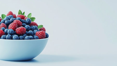 Overflowing bowl of ripe berries in vivid reds and blues on a clean white background, perfect for food or health themes.の素材
