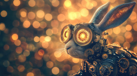 Steampunk-style robotic rabbit with intricate gears and aviator goggles, set against a glowing bokeh background.の素材