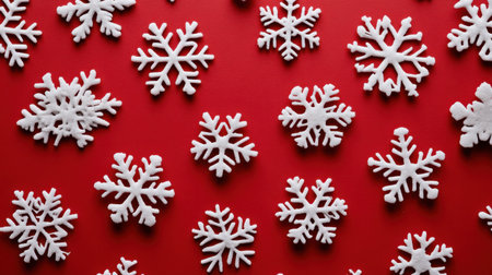 A vibrant display of white snowflakes on a bright red background, perfect for winter-themed designs and festive decorations. Ideal for holiday season projects.の素材
