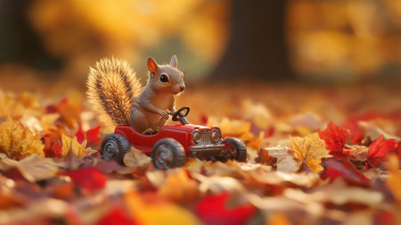 Whimsical scene of a squirrel in a toy car surrounded by golden and red autumn leaves, evoking seasonal joyの素材