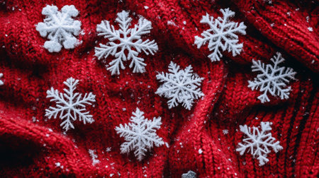 A beautiful arrangement of white snowflakes scattered on a cozy red knit sweater, perfect for winter holiday decor, conveying warmth and festive joy.の素材