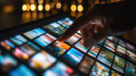 Tablet screen glowing as a hand swipes through a catalog of visuals, symbolizing modern digital interactionsの素材