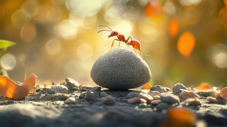Vibrant outdoor shot of an ant pushing a stone amidst earthy textures, evoking determination and the beauty of persistenceの素材
