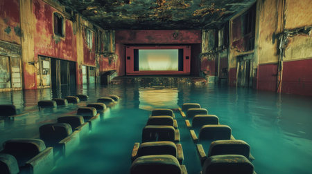 This haunting image features an abandoned theater flooded with water, showcasing empty seats and a dramatic ambiance of decay. Perfect for evoking nostalgia.の素材