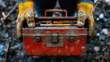 The focus on gloved hands holding a toolbox, with construction tools peeking out, emphasizing protection and capability.の素材