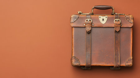 This vintage brown leather briefcase displays a timeless design on a warm orange backdrop. Perfect for conveying stories of travel and professionalism.の素材