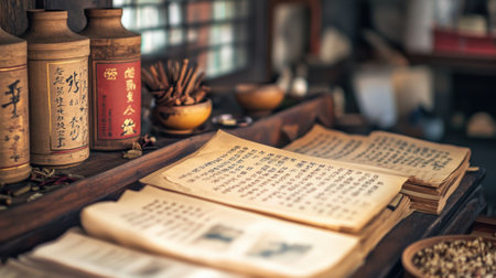 Traditional Chinese medicine showcased with aged texts and dried herbs, creating a tranquil scene filled with historical essenceの素材
