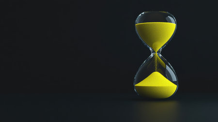 This minimalist image showcases an hourglass filled with vibrant yellow sand against a dark background, symbolizing the passage of time and mindfulness.の素材