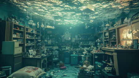 A captivating underwater scene featuring a cluttered room filled with vintage items and collectibles. The water creates a surreal atmosphere, blending nostalgia and creativity.の素材