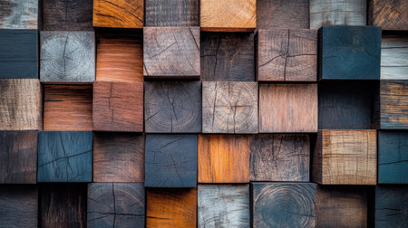 This image showcases a close-up view of intricately arranged wooden blocks, highlighting diverse textures and colors. Perfect for design and decoration themes.の素材