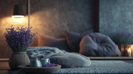 Light gray walls complement lavender decor in this cozy room, where a bouquet and plush cushions create an inviting ambianceの素材