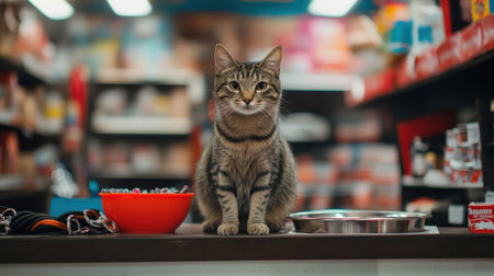 A charming tabby cat confidently sits on a counter in a vibrant pet store, surrounded by colorful bowls and pet supplies, capturing attention and warmth.の素材