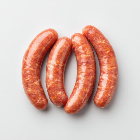 A set of freshly made sausages placed on a clean white surface, ideal for cooking or grilling. Perfect for chefs, home cooks, or food enthusiasts seeking inspiration.の素材