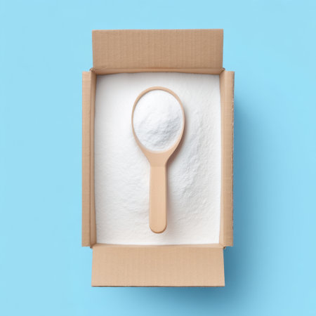 Top-down view of a measuring spoon filled with white powder inside a cardboard box on a blue surface, ideal for food-related themes in culinary photography.の素材