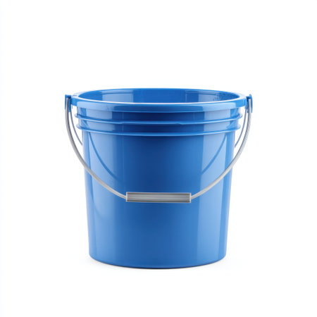 A bright blue plastic bucket featuring a sturdy metallic handle. This versatile container is perfect for various household tasks, gardening jobs, and cleaning needs.の素材