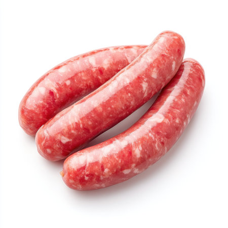 Fresh raw sausages displayed on a clean white background. These vibrant red sausages are perfect for grilling or incorporating into various delicious recipes.の素材