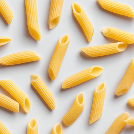 Discover an array of raw penne pasta with unique shapes and textures, perfect for culinary creations and food photography. Ideal for recipes and styling.の素材