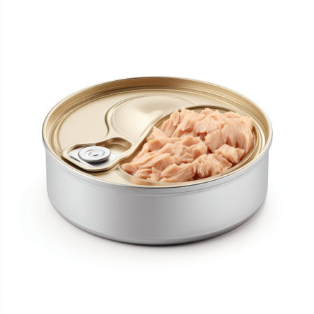 A pristine can of tuna fish, freshly opened to display its tender meat, provides a convenient and nutritious option for meals and snacks, perfect for various recipes.の素材