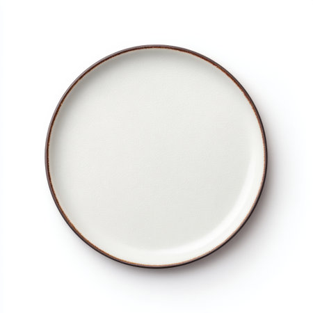 A minimalist white plate featuring a delicate brown edge, ideal for serving and presenting various culinary delights in any dining setting or event.の素材