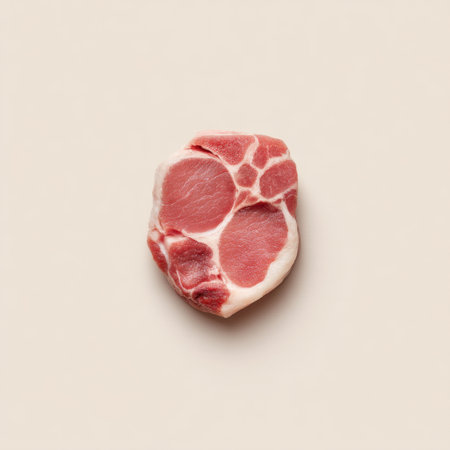 This image displays a fresh uncooked pork chop highlighting its natural texture and color, perfect for culinary projects and food-related themes.の素材